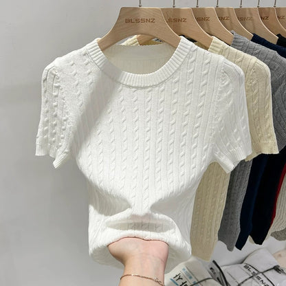 Round neck apricot short-sleeved sweater for women summer 2024 new design twist slim short t-shirt top trendy
