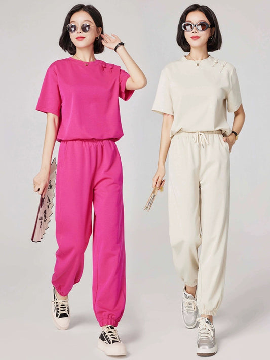 Authentic lapel wide-leg pants summer clearance casual sports suit women's summer fashionable and age-reducing two-piece trendy set