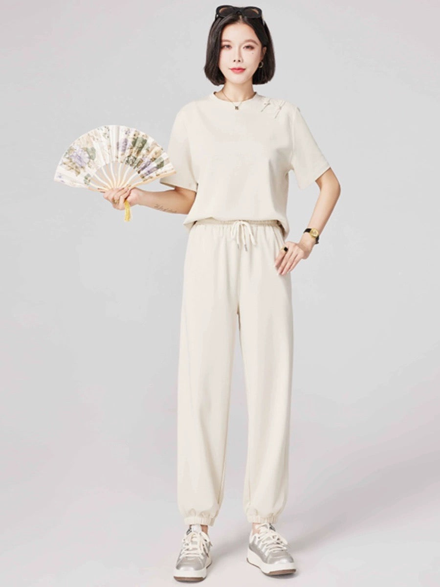 Authentic lapel wide-leg pants summer clearance casual sports suit women's summer fashionable and age-reducing two-piece trendy set