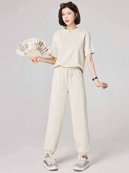 Authentic lapel wide-leg pants summer clearance casual sports suit women's summer fashionable and age-reducing two-piece trendy set