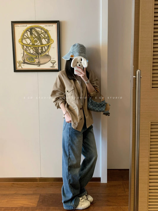 e go studio linen/tencel cotton oversized retro collar spring coat, Korean style slimming loose coat for women