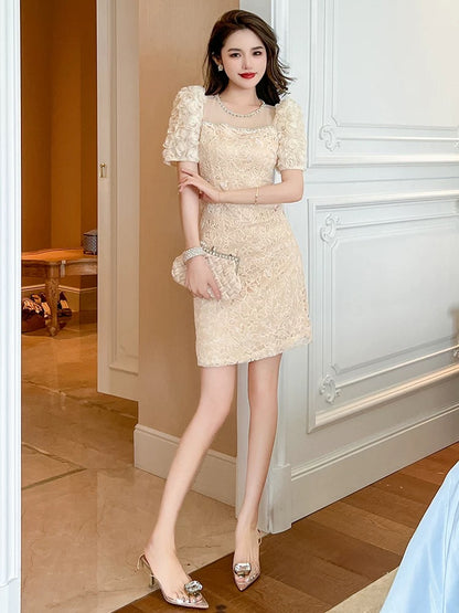 European lace dress women's new summer style 2024 dignified and gentle style slim hip-covering short skirt