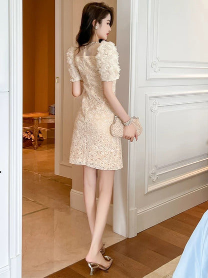 European lace dress women's new summer style 2024 dignified and gentle style slim hip-covering short skirt