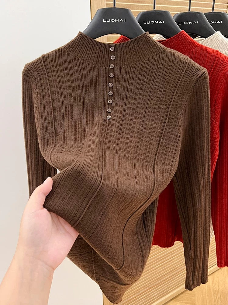 Apricot half turtleneck bottoming shirt for women, 2024 new spring and autumn slim-fitting short sweater for women, long-sleeved top