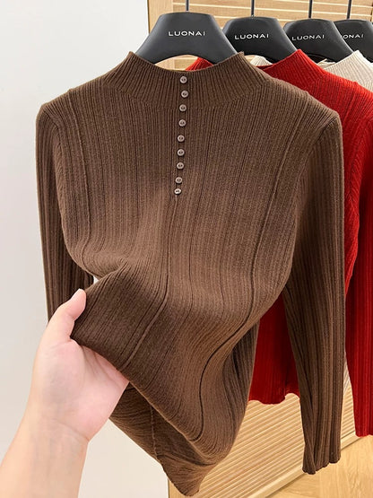 Apricot half turtleneck bottoming shirt for women, 2024 new spring and autumn slim-fitting short sweater for women, long-sleeved top
