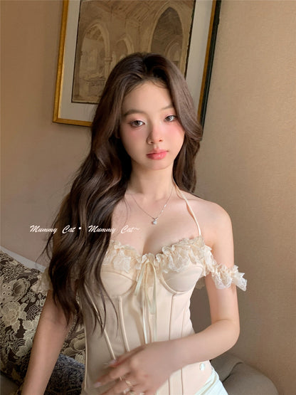 Mummy Cat Lays Eggs [Baroque Session] Lace One Shoulder Halter Neck Fishbone Bra Top