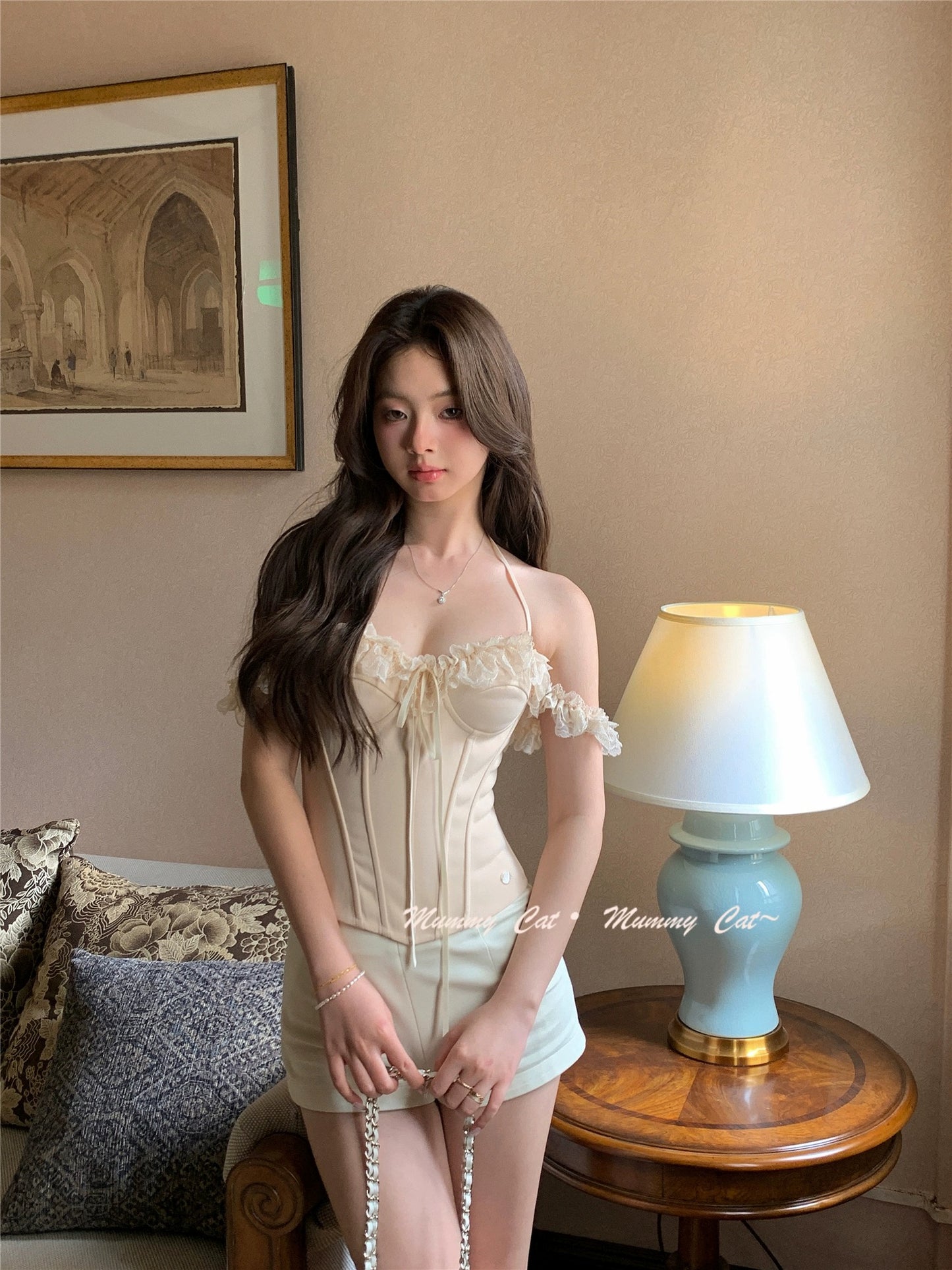 Mummy Cat Lays Eggs [Baroque Session] Lace One Shoulder Halter Neck Fishbone Bra Top