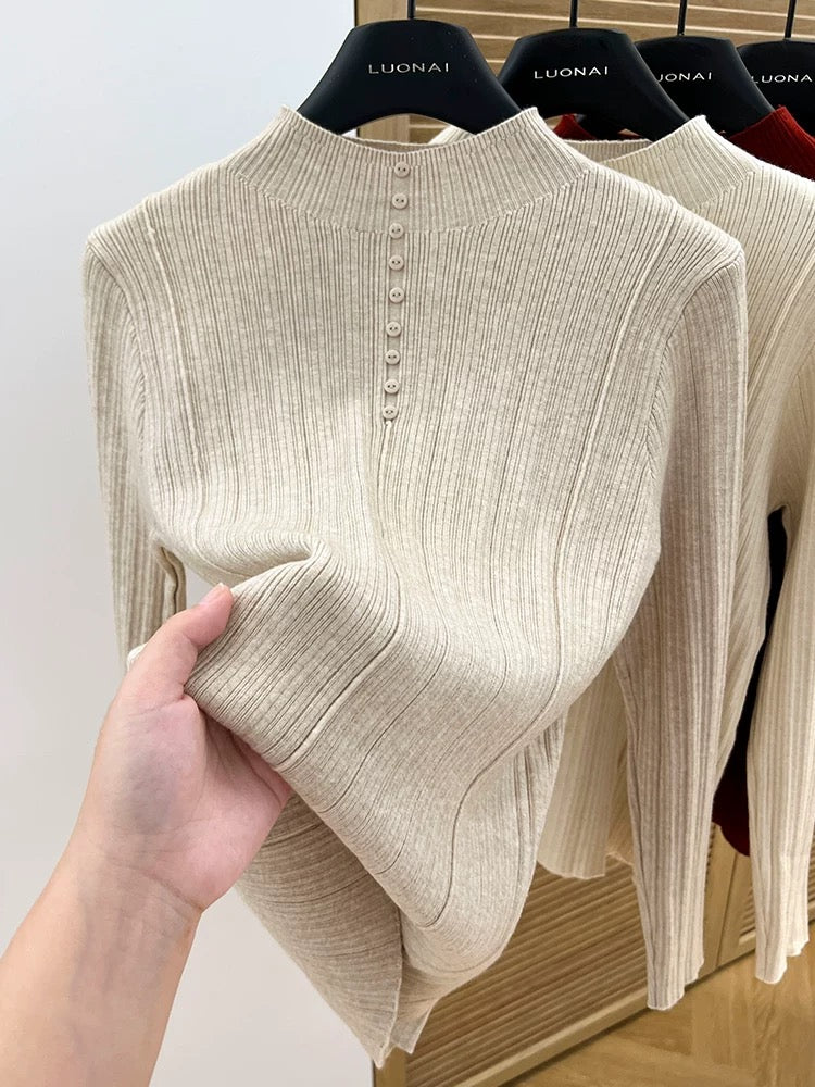 Apricot half turtleneck bottoming shirt for women, 2024 new spring and autumn slim-fitting short sweater for women, long-sleeved top