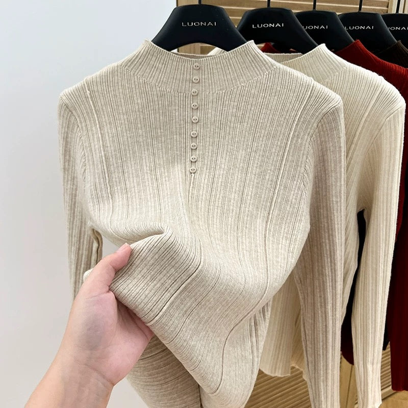 Apricot half turtleneck bottoming shirt for women, 2024 new spring and autumn slim-fitting short sweater for women, long-sleeved top