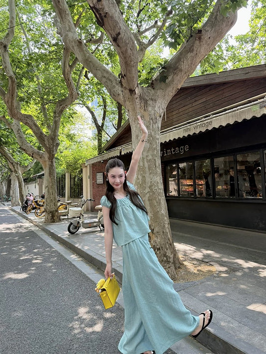 tingtings Great looking holiday style pleated babydoll shirt short-sleeved tops women's summer casual wide-leg pants suit