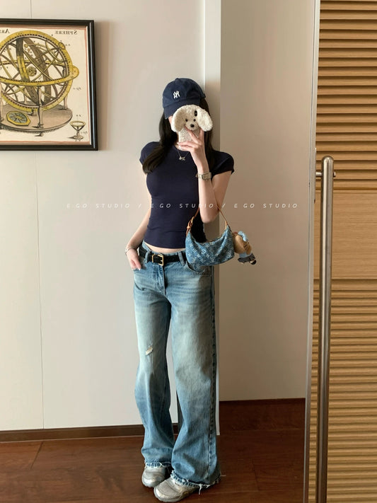 e go studio Blue Washed Distressed Straight Leg Mid-Rise Jeans for Women - Stylish, Casual, and Versatile Long Pants