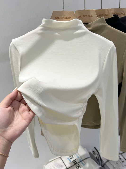 European high-neck apricot color bottoming shirt for women 2024 new autumn and winter style slim short top t-shirt long sleeves