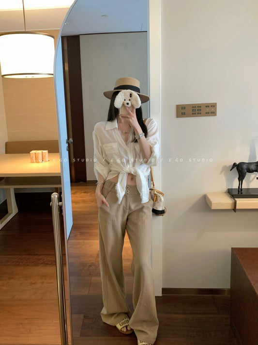 e go studio Women's mid-to-low waist casual pants in Tencel linen cotton, thin, simple, versatile and stylish long pants for summer.