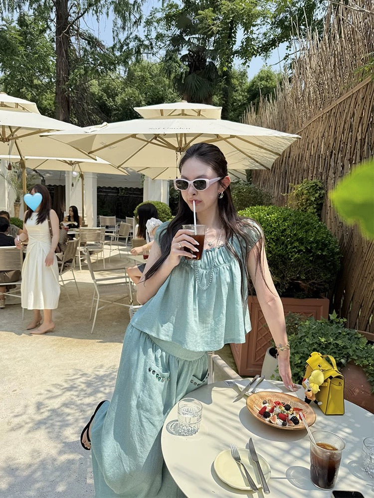 tingtings Great looking holiday style pleated babydoll shirt short-sleeved tops women's summer casual wide-leg pants suit
