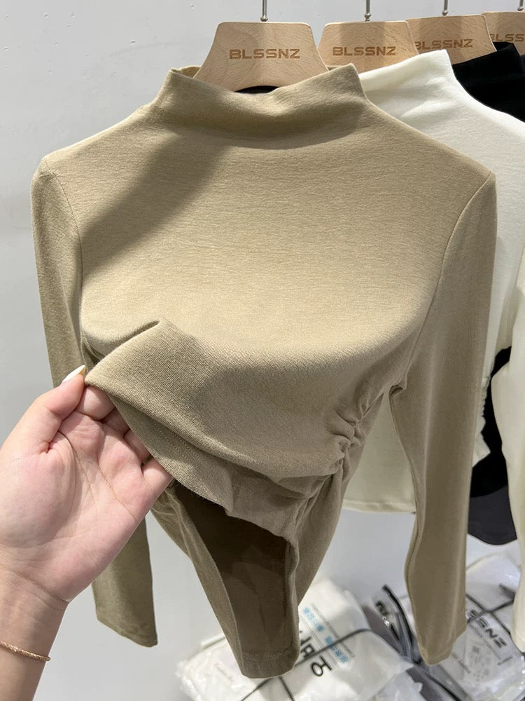 European high-neck apricot color bottoming shirt for women 2024 new autumn and winter style slim short top t-shirt long sleeves