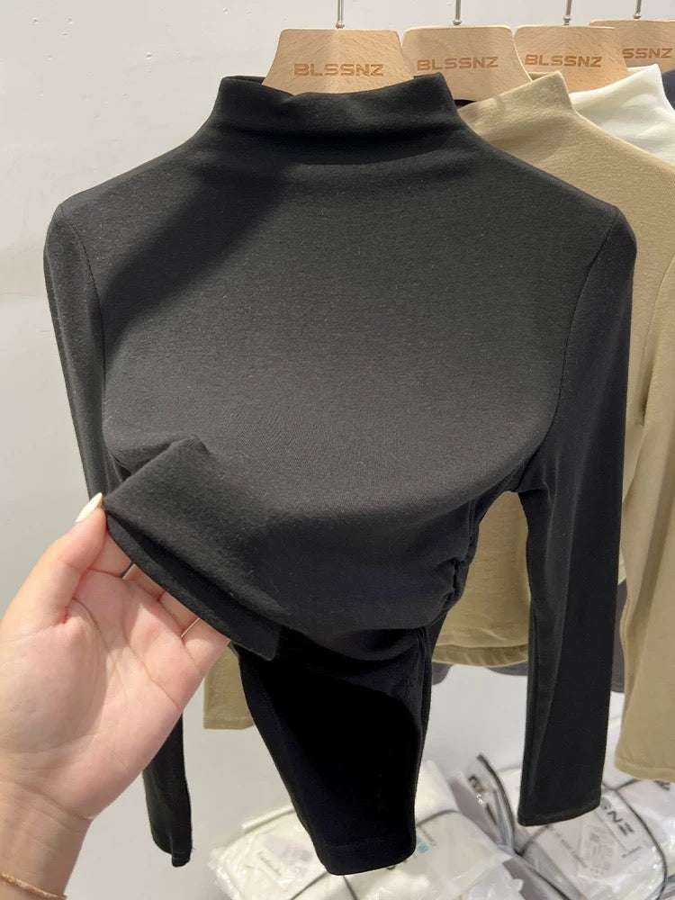 European high-neck apricot color bottoming shirt for women 2024 new autumn and winter style slim short top t-shirt long sleeves