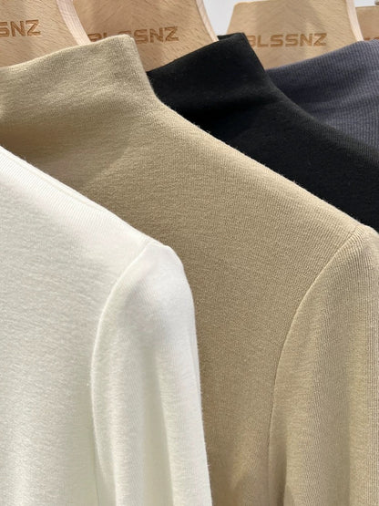 European high-neck apricot color bottoming shirt for women 2024 new autumn and winter style slim short top t-shirt long sleeves