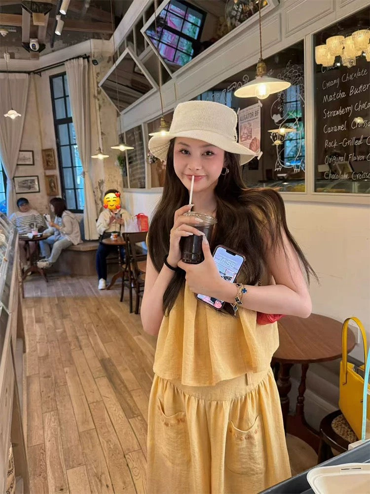 tingtings Great looking holiday style pleated babydoll shirt short-sleeved tops women's summer casual wide-leg pants suit