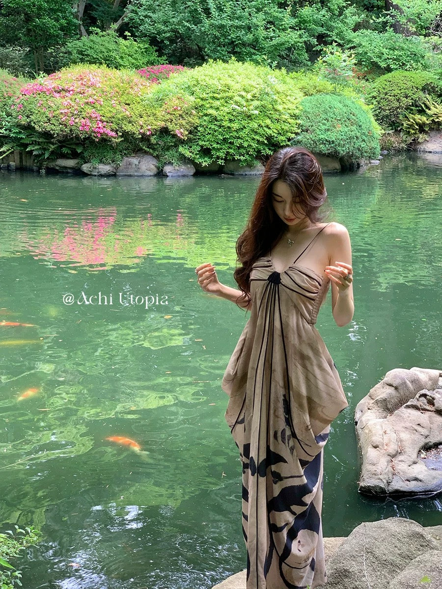 ACHI Dayechi Heavy Industry's ink-printed suspender dress, female backless long dress, loose skirt