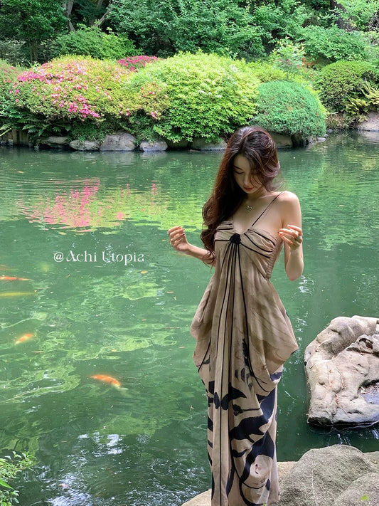 ACHI Dayechi Heavy Industry's ink-printed suspender dress, female backless long dress, loose skirt