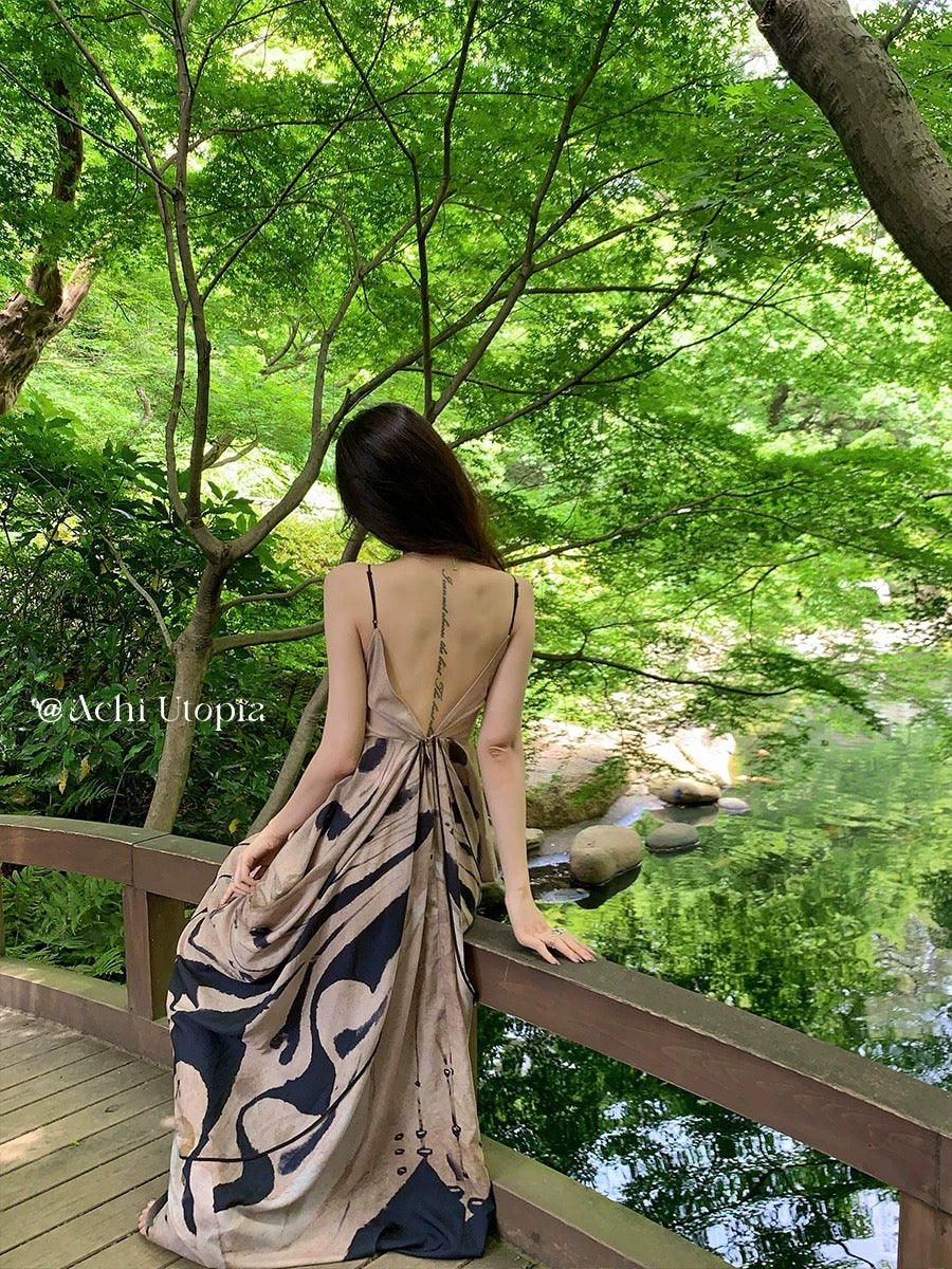 ACHI Dayechi Heavy Industry's ink-printed suspender dress, female backless long dress, loose skirt