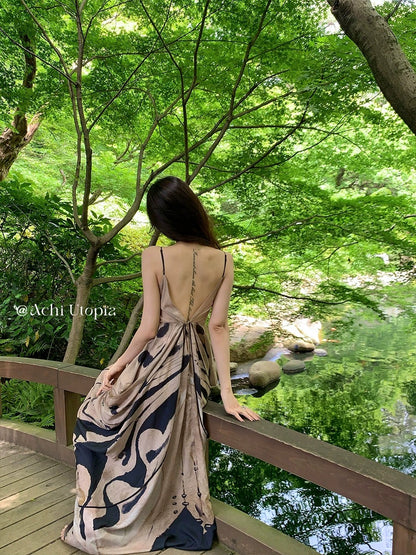 ACHI Dayechi Heavy Industry's ink-printed suspender dress, female backless long dress, loose skirt