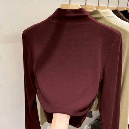 European high-neck apricot color bottoming shirt for women 2024 new autumn and winter style slim short top t-shirt long sleeves