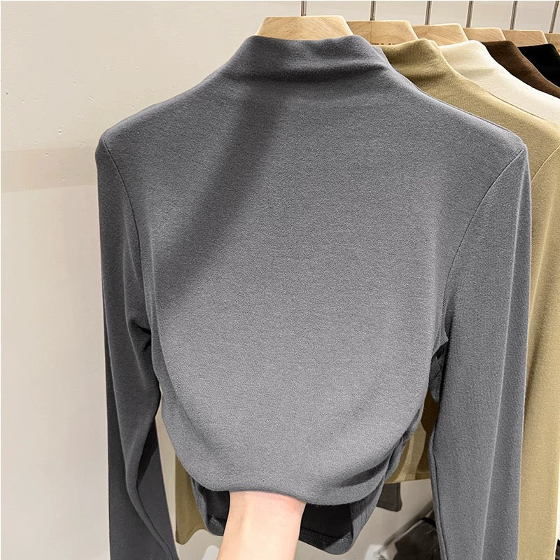European high-neck apricot color bottoming shirt for women 2024 new autumn and winter style slim short top t-shirt long sleeves