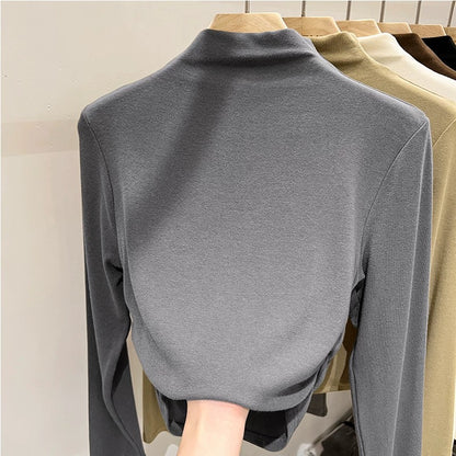 European high-neck apricot color bottoming shirt for women 2024 new autumn and winter style slim short top t-shirt long sleeves