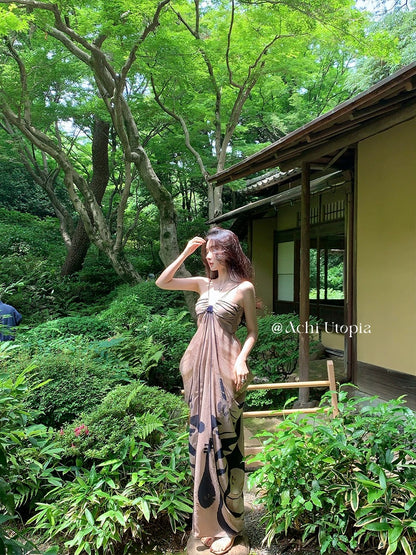 ACHI Dayechi Heavy Industry's ink-printed suspender dress, female backless long dress, loose skirt