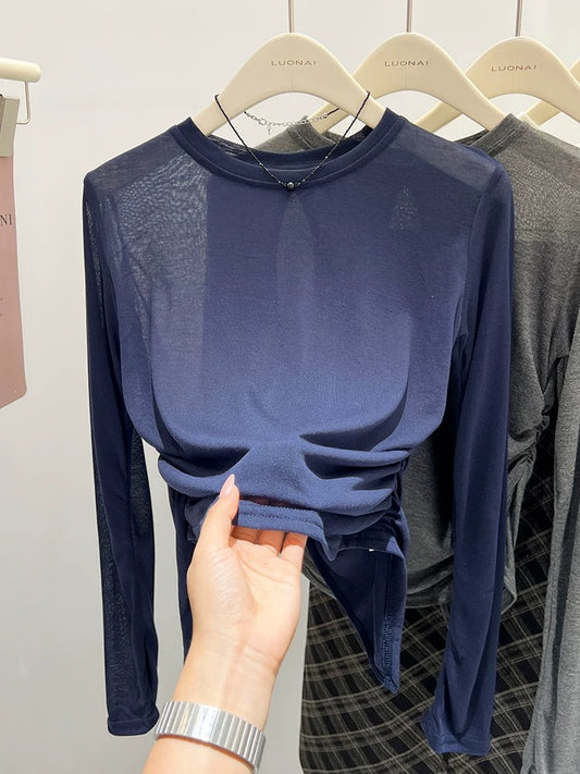 Blue long-sleeved t-shirt for women, slim fit, thin autumn 2024 new style blouse, pleated back, hollow, chic top for women