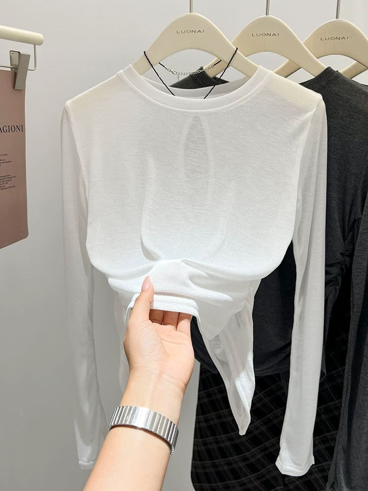 Blue long-sleeved t-shirt for women, slim fit, thin autumn 2024 new style blouse, pleated back, hollow, chic top for women