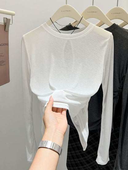 Blue long-sleeved t-shirt for women, slim fit, thin autumn 2024 new style blouse, pleated back, hollow, chic top for women