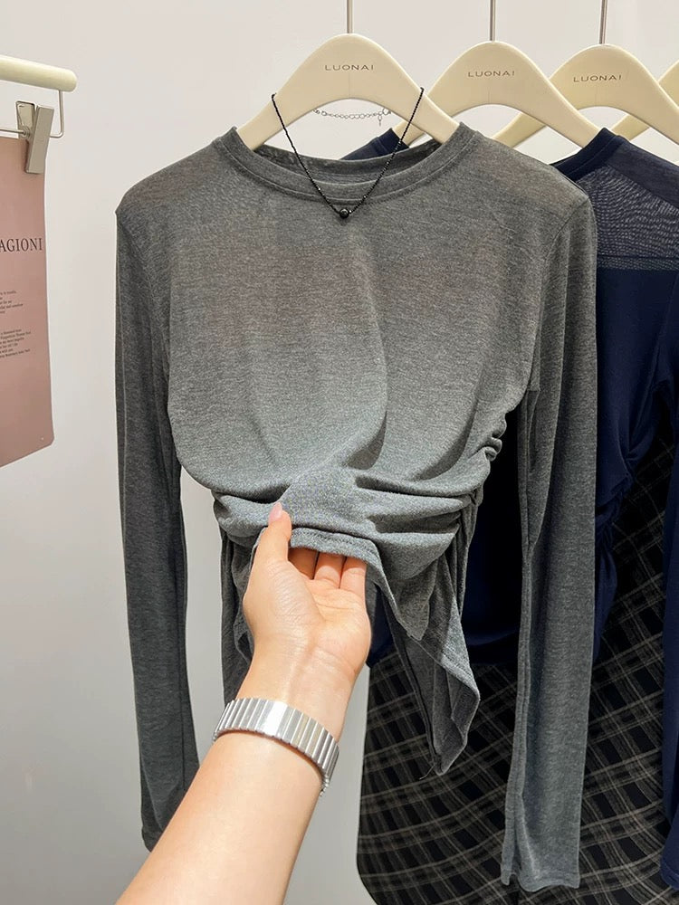Blue long-sleeved t-shirt for women, slim fit, thin autumn 2024 new style blouse, pleated back, hollow, chic top for women