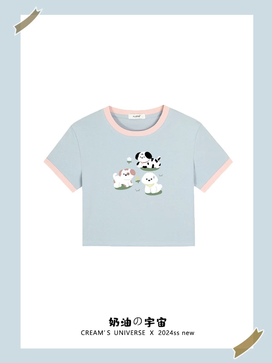 Cream Universe Cute Dog Color Matching Short Sleeve T-shirt Female Sweet Girl Slim Shoulder Top Summer New Style