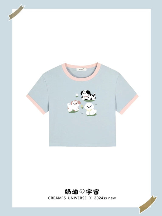 Cream Universe Cute Dog Color Matching Short Sleeve T-shirt Female Sweet Girl Slim Shoulder Top Summer New Style
