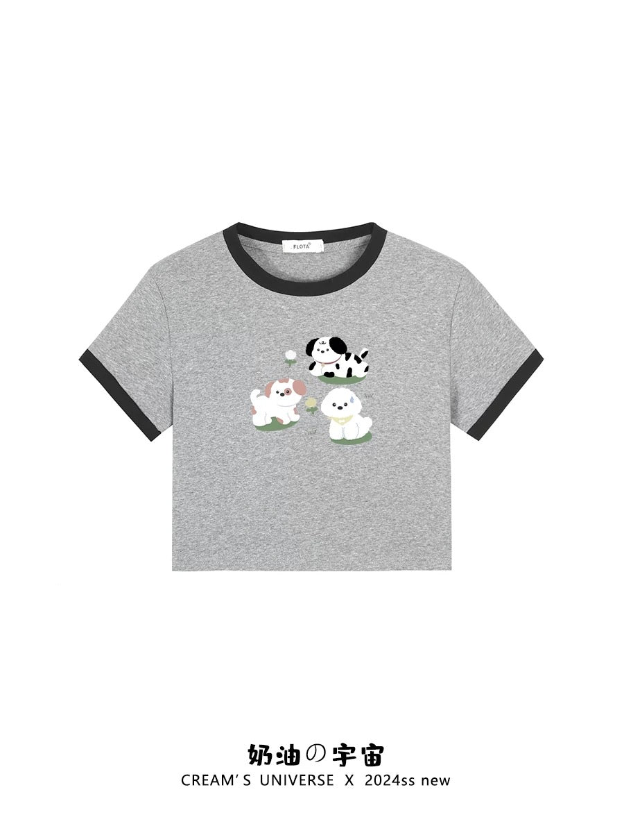 Cream Universe Cute Dog Color Matching Short Sleeve T-shirt Female Sweet Girl Slim Shoulder Top Summer New Style