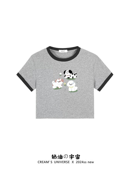 Cream Universe Cute Dog Color Matching Short Sleeve T-shirt Female Sweet Girl Slim Shoulder Top Summer New Style