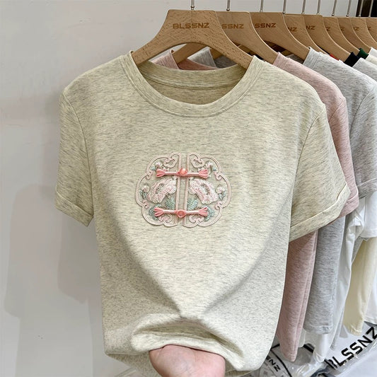New Chinese style Chinese style button-up right shoulder short-sleeved T-shirt for women summer 2024 new embroidered half-sleeved T-shirt loose top