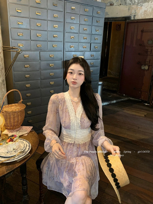 thepeachofficial【Feniz Garden】French Purple Lace Floral Long-Sleeved Dress for Women (Spring)