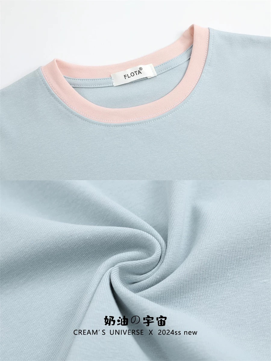 Cream Universe Cute Dog Color Matching Short Sleeve T-shirt Female Sweet Girl Slim Shoulder Top Summer New Style