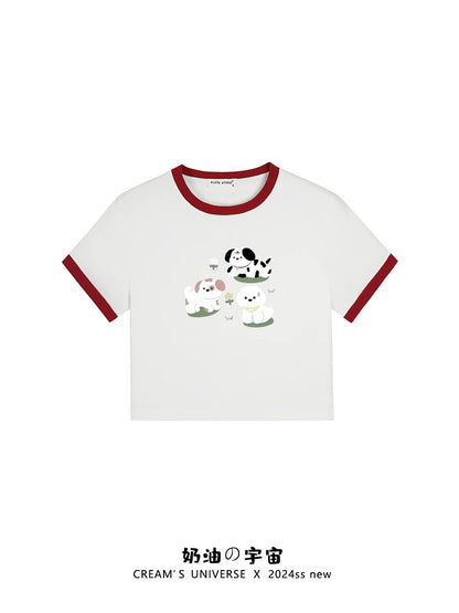 Cream Universe Cute Dog Color Matching Short Sleeve T-shirt Female Sweet Girl Slim Shoulder Top Summer New Style