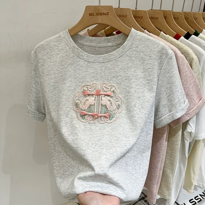 New Chinese style Chinese style button-up right shoulder short-sleeved T-shirt for women summer 2024 new embroidered half-sleeved T-shirt loose top