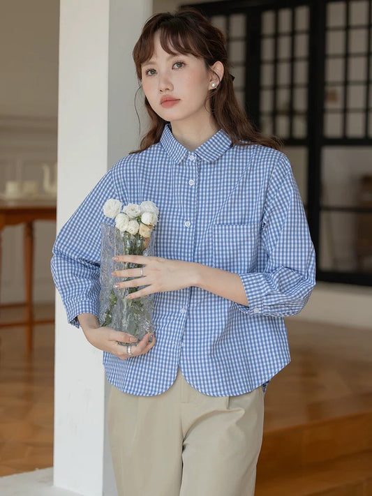 Korean style polo collar plaid single-breasted long-sleeved shirt women's spring new loose casual small fresh temperament top