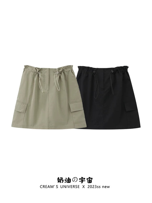 Creamy Universe High Waist Drawstring Workwear Short Skirt Women's Sweet and Spicy Style Small Slimming A-Line Skirt 2024 New Style