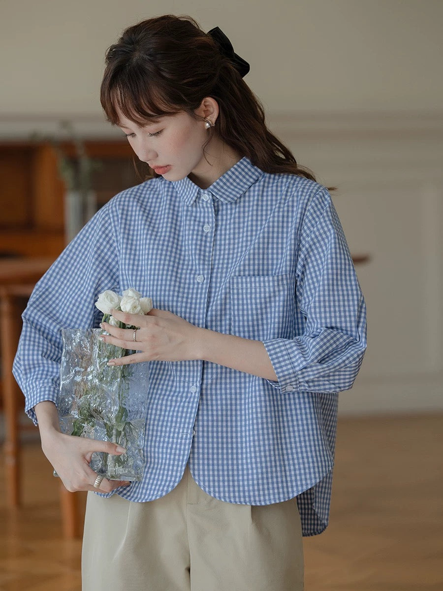 Korean style polo collar plaid single-breasted long-sleeved shirt women's spring new loose casual small fresh temperament top