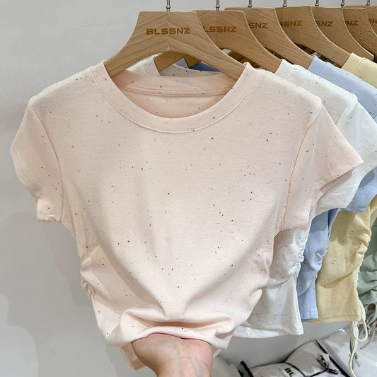 Colorful polka dot right shoulder short-sleeved T-shirt for women, slim waist design, 2024 new summer niche tops and T-shirts