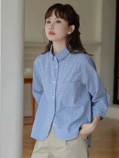 Korean style polo collar plaid single-breasted long-sleeved shirt women's spring new loose casual small fresh temperament top