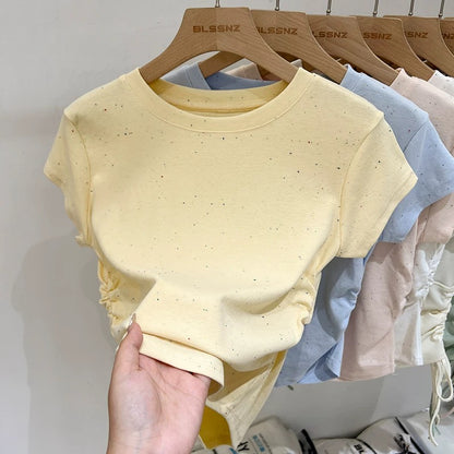 Colorful polka dot right shoulder short-sleeved T-shirt for women, slim waist design, 2024 new summer niche tops and T-shirts