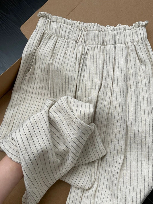 Treasure pants, super slimming! Love it~ Cotton and linen striped casual pants, elastic waist, high waist, linen wide leg pants